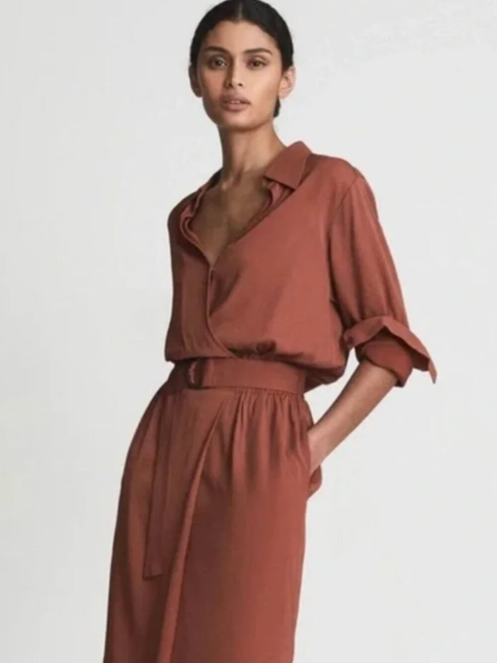 NWT Reiss Emilie Belted Midi Dress in Rust Size US 10